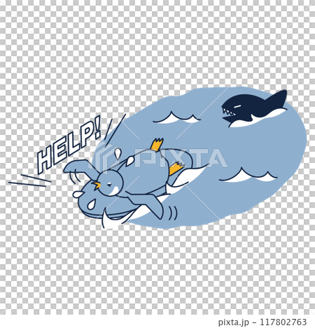 一隻衝浪企鵝逃離鯊魚的等軸測圖 117802763