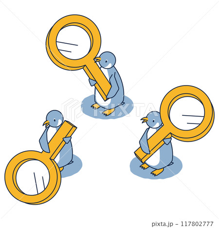 三方向に虫眼鏡を向けたペンギンのアイソメセット 三方向に虫眼鏡を向けたペンギンのアイソメセット 117802777