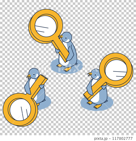 三方向に虫眼鏡を向けたペンギンのアイソメセット 三方向に虫眼鏡を向けたペンギンのアイソメセット 117802777