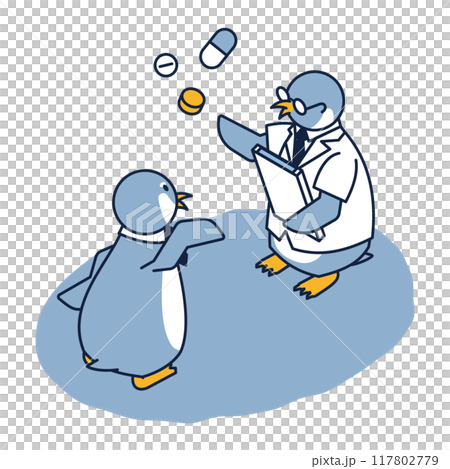 Penguin isometric illustration discussing how to take medicine with a pharmacist Penguin isometric illustration discussing how to take medicine with a pharmacist 117802779