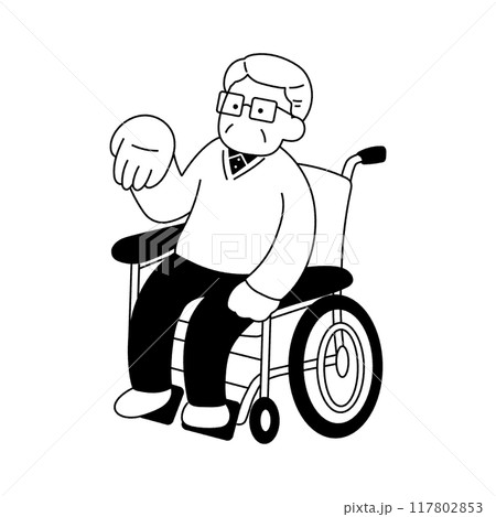 手のひらを上に向ける車いすシニア男性の単色イラスト 117802853
