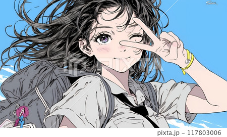 ウィンクしている女性：ピースサイン