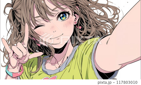 ウィンクしている女性：ピースサイン