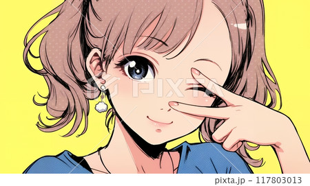 ウィンクしている女性：ピースサイン