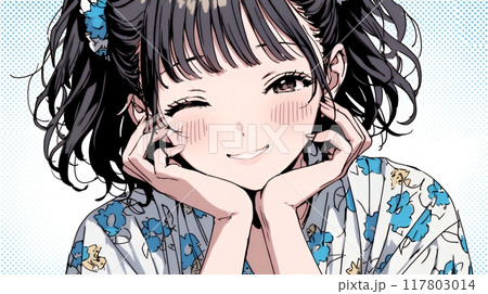ウィンクしている女性：頬杖