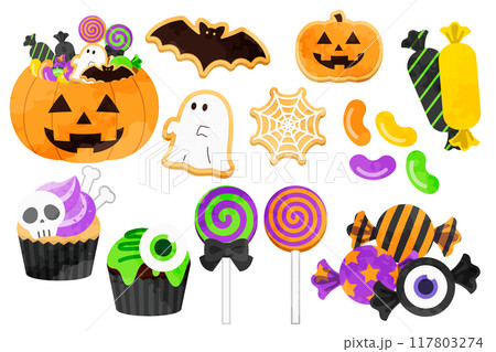 ハロウィンモチーフお菓子のかわいい手描きイラストセット 117803274