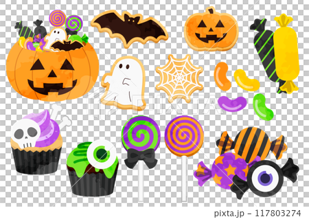 ハロウィンモチーフお菓子のかわいい手描きイラストセット 117803274