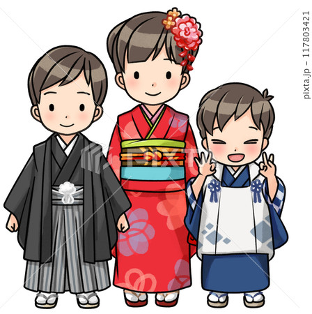 七五三の着物を着た三人の子供 117803421