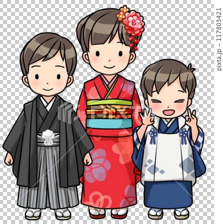七五三の着物を着た三人の子供 117803421