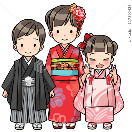 七五三の着物を着た三人の子供 117803422