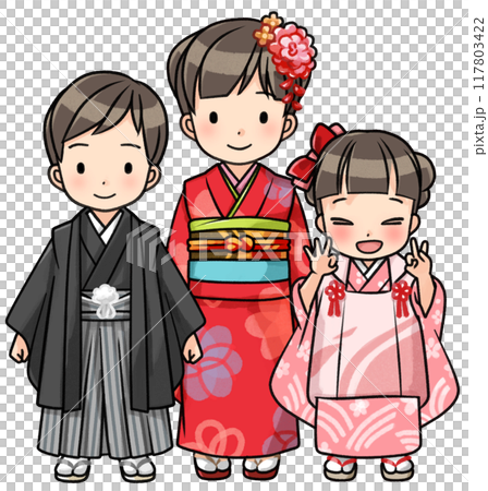 七五三の着物を着た三人の子供 117803422