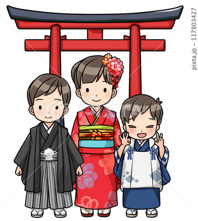 七五三の着物を着た三人の子供（鳥居） 117803427