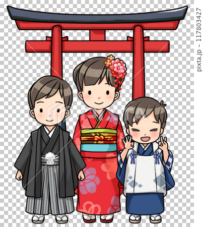 七五三の着物を着た三人の子供（鳥居） 117803427