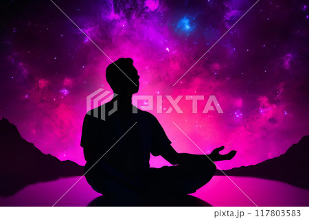 meditating on the lotus pose in front of galaxy universe background 117803583
