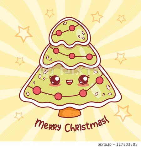 Cute Christmas gingerbread tree. Festive sweet New Year traditional pastry kawaii cartoon character food and funny slogan. Vector illustration. 117803585