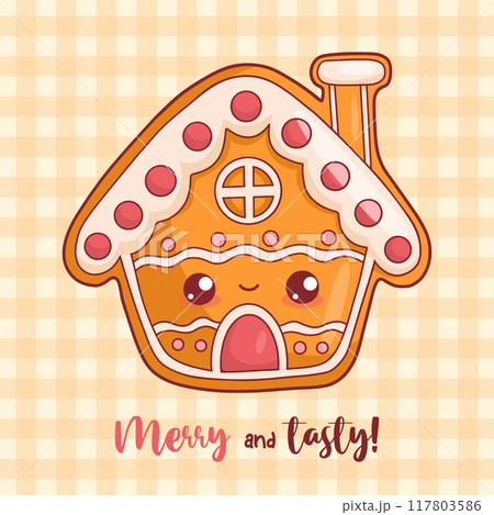 Cute Christmas gingerbread house. Festive New Year greeting card with traditional pastry kawaii cartoon character food and funny slogan. Vector illustration. 117803586