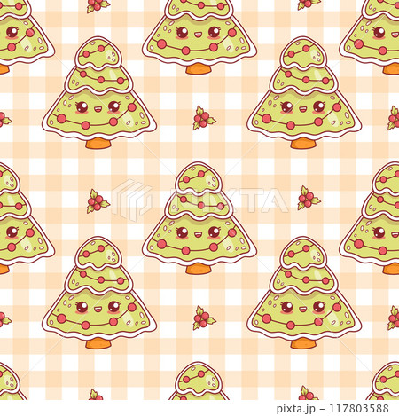 Seamless pattern with cute Christmas gingerbread tree with garland on checkered white beige background with holly. Funny traditional holiday cartoon kawaii character food. Vector illustration. 117803588