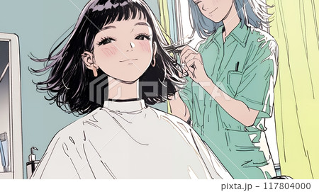 ヘアカットをしている若い女性