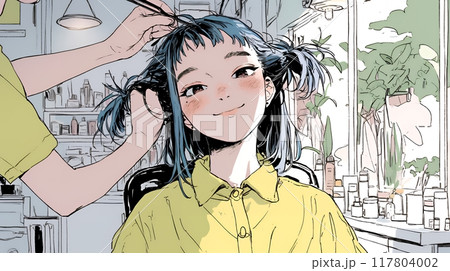 ヘアカットをしている若い女性