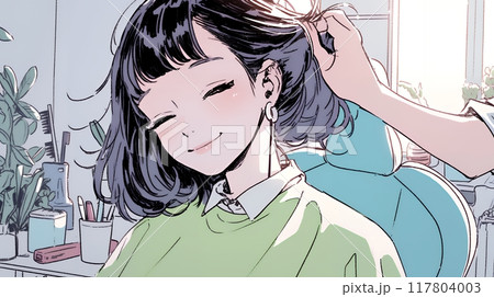 ヘアカットをしている若い女性