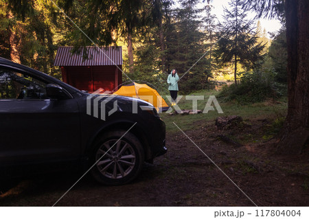 Peaceful Camping Scene in the Forest Peaceful Camping Scene in the Forest 117804004