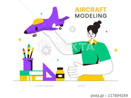 Aircraft Modeling and Crafting Vector Illustration with Assembling or Painting a Huge Airplane Model as a Replica of an Existing in the Background 117804289