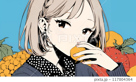 食事をしている若い女性：オレンジをかじっている若い女性