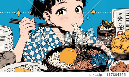 食事をしている若い女性：たくさんの食材を前にもりもり食べている