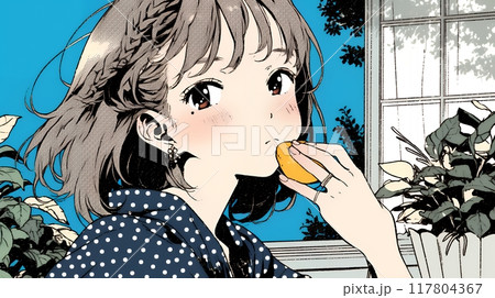食事をしている若い女性：ポテチをかじっている