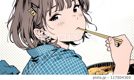 食事をしている若い女性：舐め箸をしている若い女性