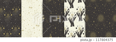 Seamless pattern with mystic witchcraft elements. Vector black tribal mubarak art collection 117804375