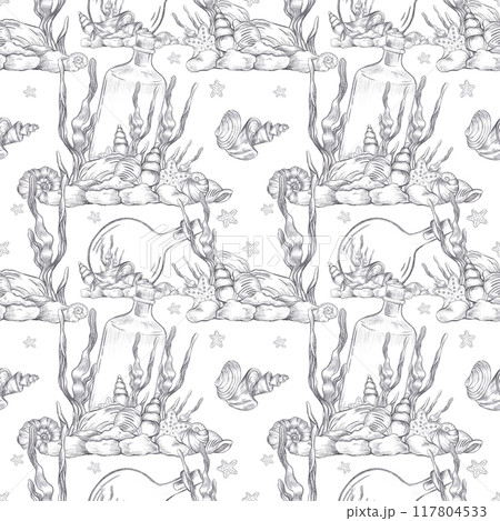 Hand drawn black coal pencil ocean floor with bottles seamless pattern isolated on white background. Marine illustration can be used for textile, fabric, scrapbook and other printed products. 117804533
