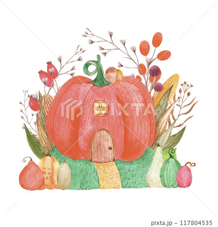 Hand drawn watercolor autumn fairytale pumpkin house isolated on white background. Can be used for postcard, invitation, scrapbook and other printed products. Hand drawn watercolor autumn fairytale pumpkin house isolated on white background. Can be used for postcard, invitation, scrapbook and other printed products. 117804535