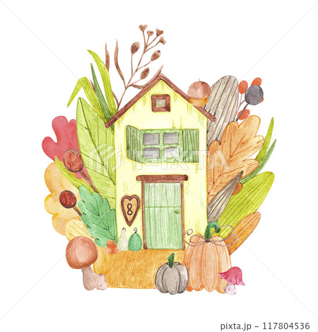 Hand drawn watercolor autumn fairytale house isolated on white background. Can be used for postcard, invitation, scrapbook and other printed products. 117804536
