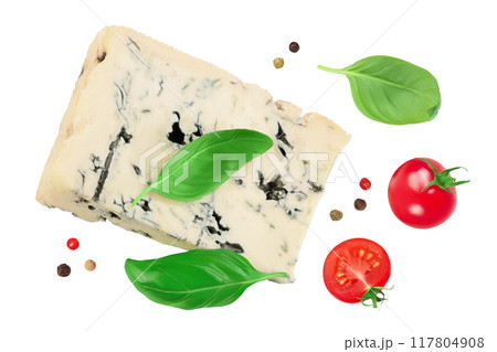 Blue cheese gorgonzola isolated on white background with full depth of field. Top view. Flat lay. Blue cheese gorgonzola isolated on white background with full depth of field. Top view. Flat lay. 117804908