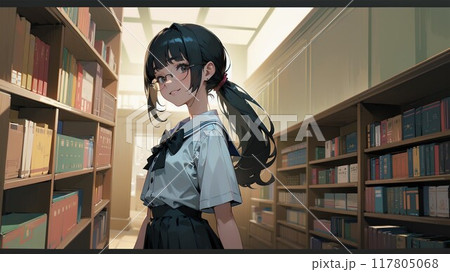 大きな本棚と本を探す学生 117805068