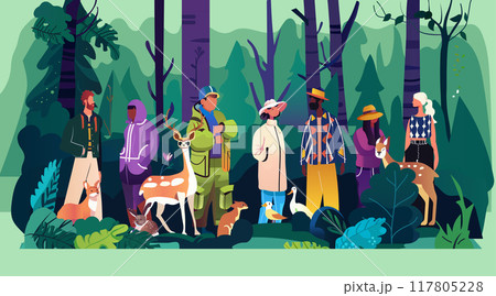 People community group nature forest animals. Diverse group of people and animals in a lush forest scene with trees and foliage. Website design landing page template People community group nature forest animals. Diverse group of people and animals in a lush forest scene with trees and foliage. Website design landing page template 117805228