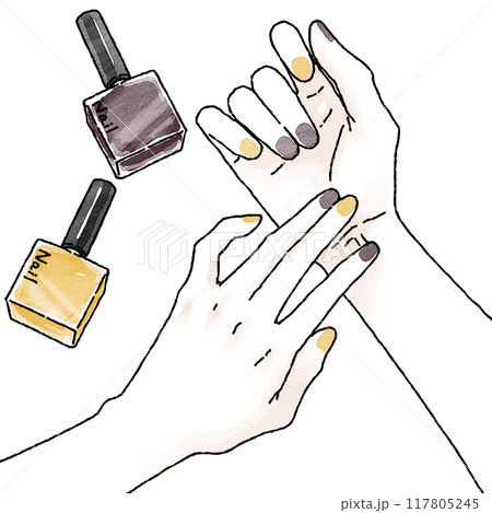 ネイルカラーを塗った手 秋冬ネイル イエロー パープル ネイルカラーを塗った手 秋冬ネイル イエロー パープル 117805245