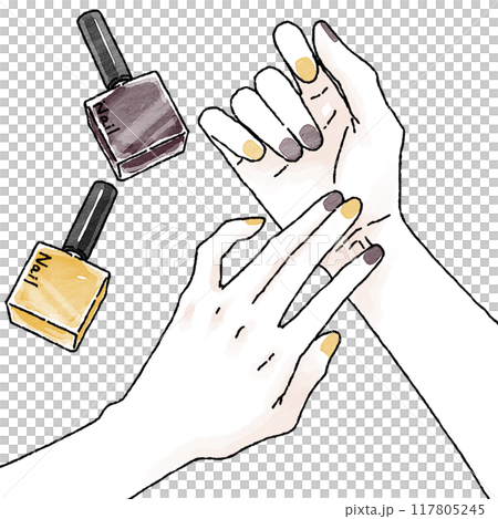 ネイルカラーを塗った手 秋冬ネイル イエロー パープル ネイルカラーを塗った手 秋冬ネイル イエロー パープル 117805245