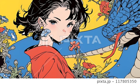 年賀状用：ヘビとなかよしの若い女性