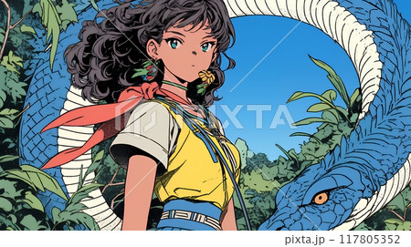 年賀状用：ヘビとなかよしの若い女性