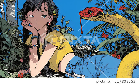 年賀状用：ヘビとなかよしの若い女性