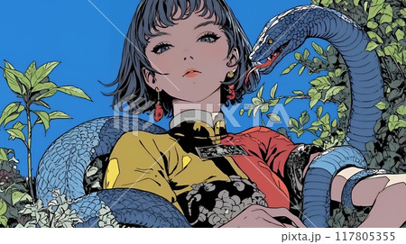 年賀状用：ヘビとなかよしの若い女性