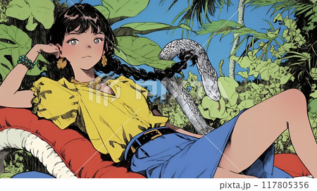 年賀状用：ヘビとなかよしの若い女性