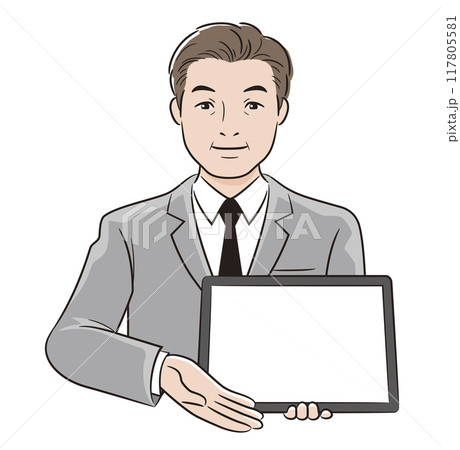 線画人物 ビジネスマンがタブレットで案内する 線画人物 ビジネスマンがタブレットで案内する 117805581
