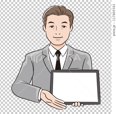 線画人物 ビジネスマンがタブレットで案内する 線画人物 ビジネスマンがタブレットで案内する 117805581