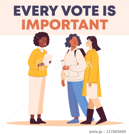 Illustration depicting diverse female voters engaging in the election process. 117805609