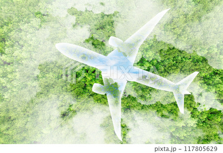 Sustainable aviation fuel concept. Future of air travel with eco-friendly innovation and net-zero emissions. Green energy and biofuel use in aircraft to reduce industry carbon footprint. Green airline 117805629