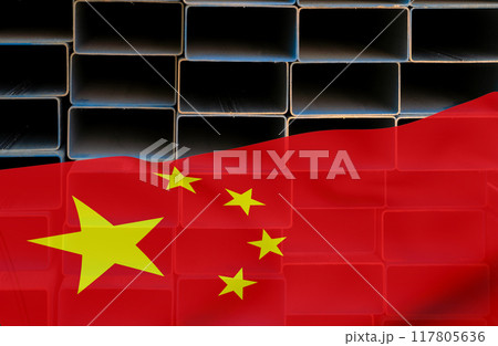 China steel industry crisis. Stack steel pipes and Chinese flag. Industrial warehouse stocked with rectangular metal pipes. China industrial slowdown. Challenges in building and construction supplies. 117805636