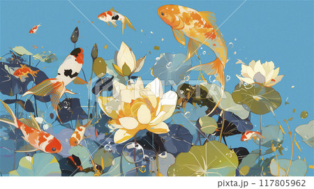 金魚と蓮の葉 117805962